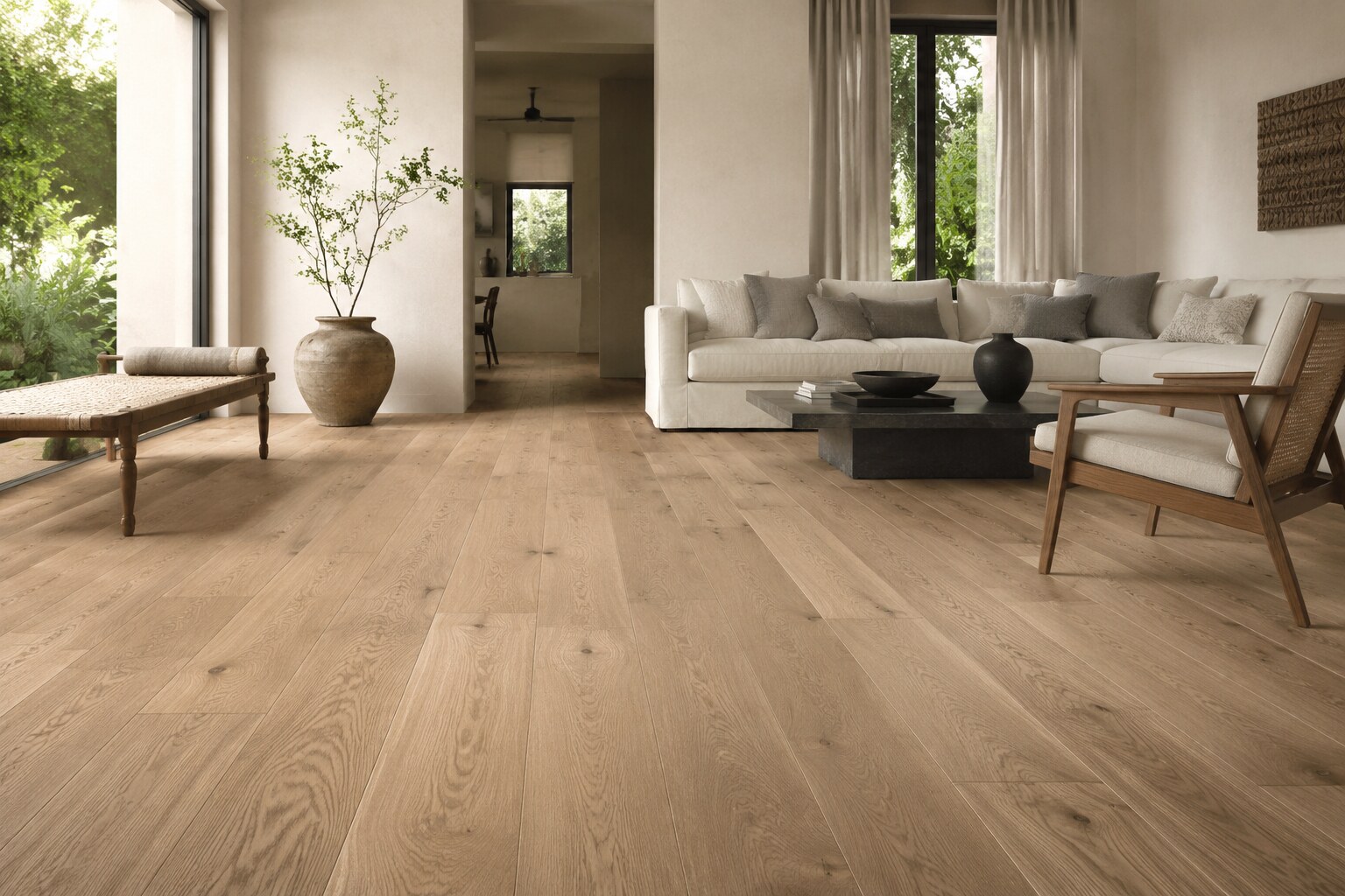 Contemporary living room with wide engineered wood flooring