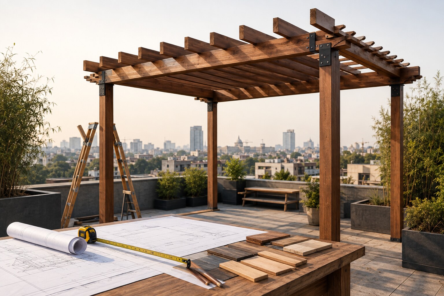 Timber pergola under construction on a rooftop with plans and measuring tools