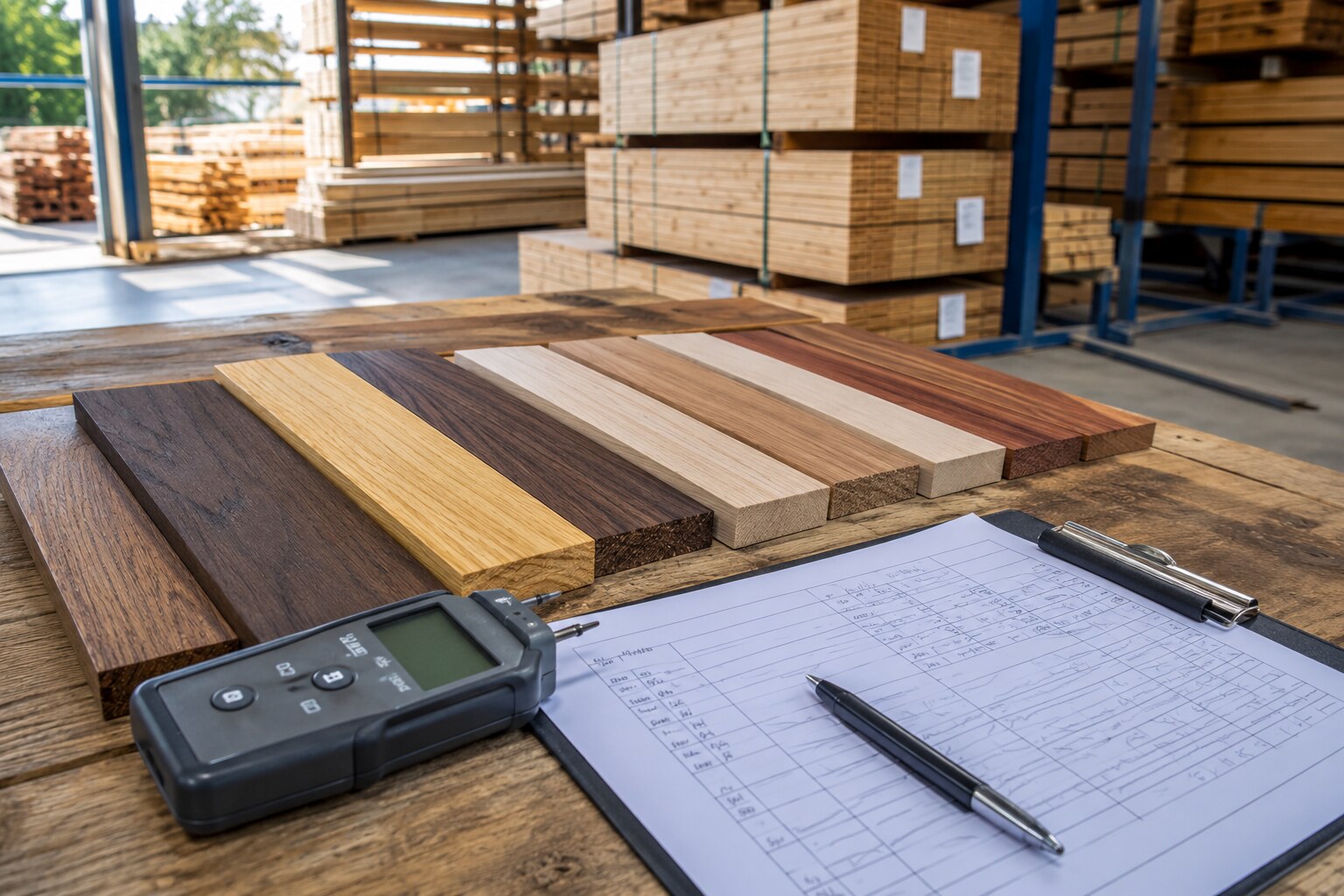 Timber boards being checked against sourcing documents in a warehouse