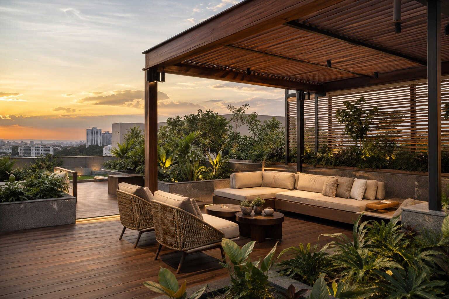 Finished rooftop terrace with timber deck, pergola and planted seating area
