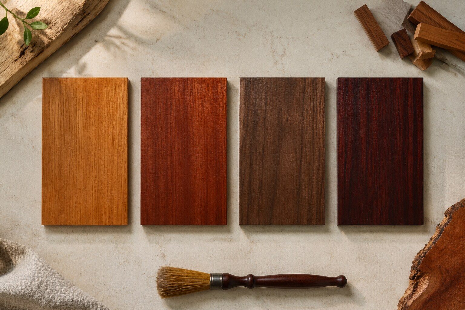 Four labelled wood finish sample boards in warm natural tones
